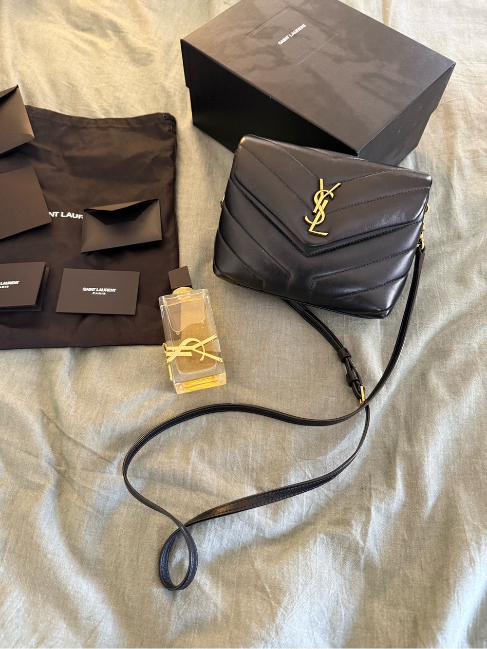 Saint Laurent Black Chevron Quilted Leather Crossbody with Gold YSL